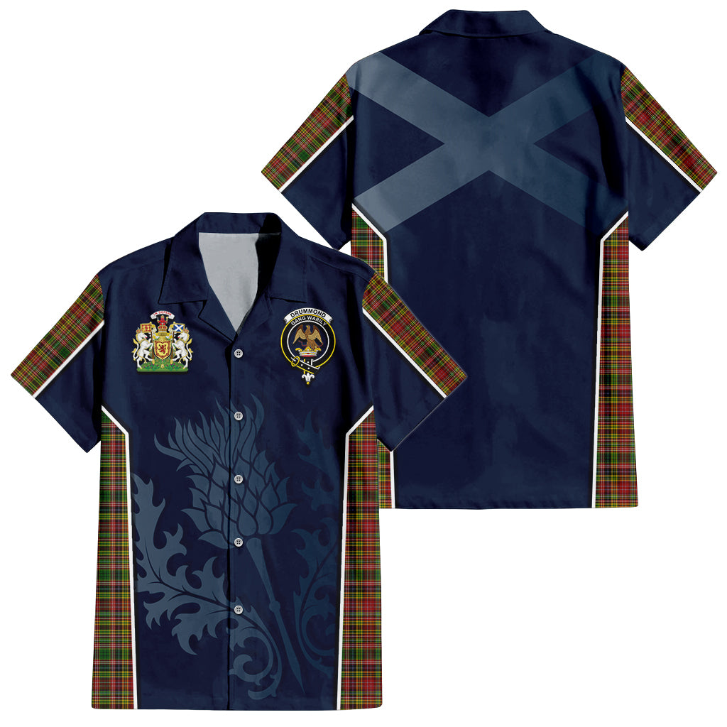 Tartan Vibes Clothing Drummond of Strathallan Tartan Short Sleeve Button Up Shirt with Family Crest and Scottish Thistle Vibes Sport Style