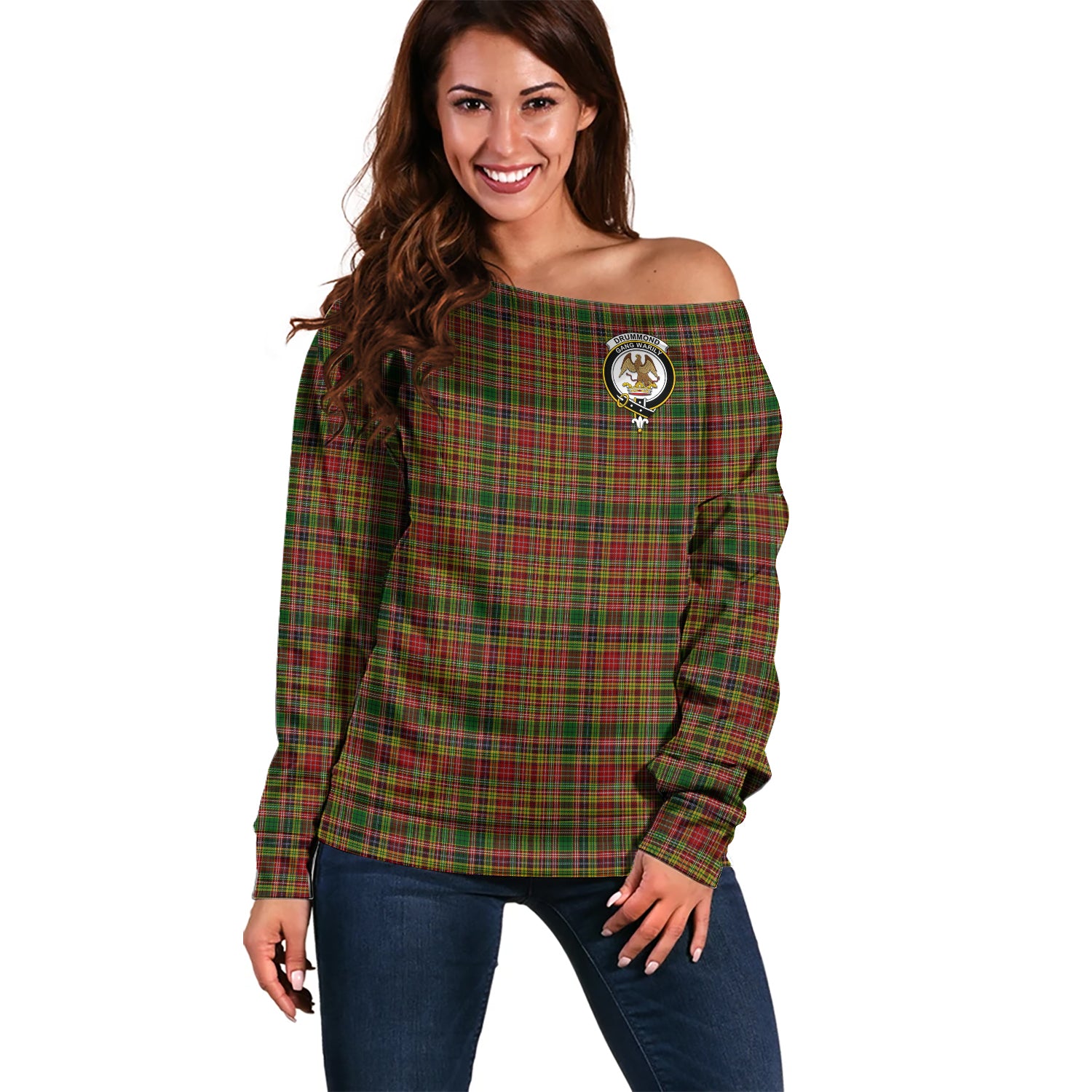 Drummond of Strathallan Tartan Off Shoulder Women Sweater with Family Crest Women - Tartanvibesclothing