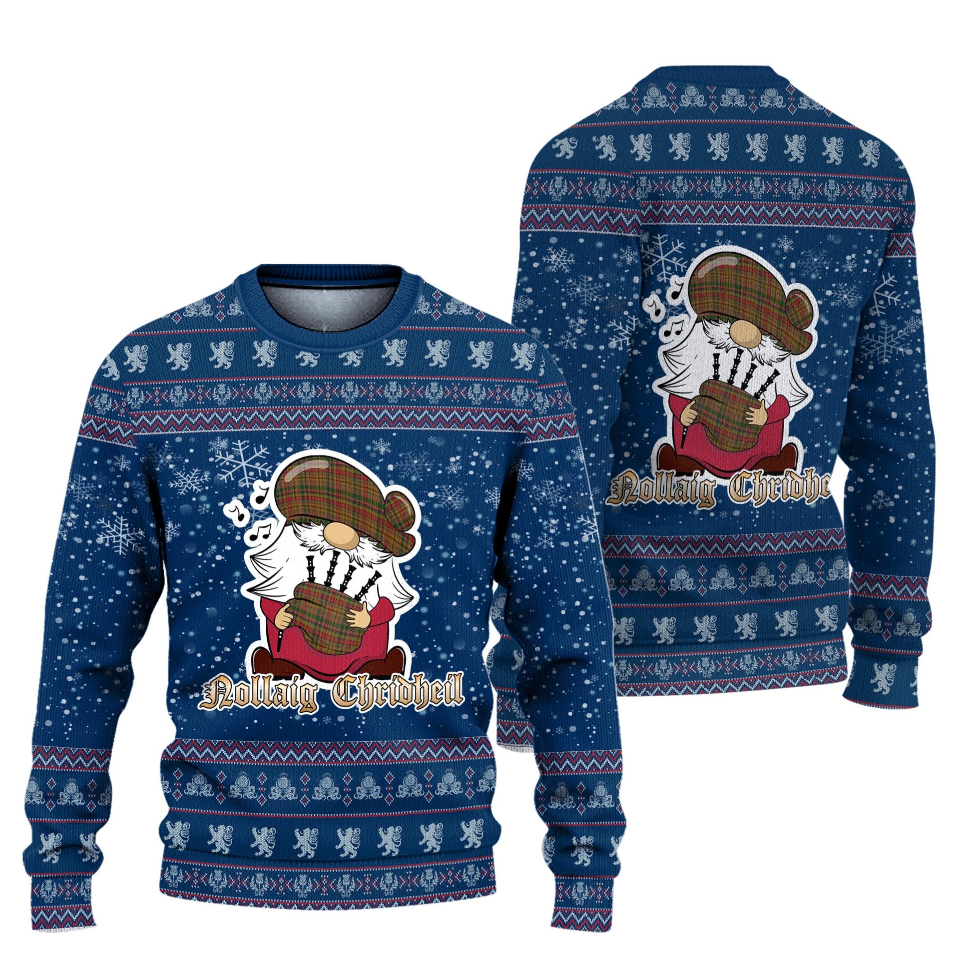 Drummond of Strathallan Clan Christmas Family Knitted Sweater with Funny Gnome Playing Bagpipes Unisex Blue - Tartanvibesclothing