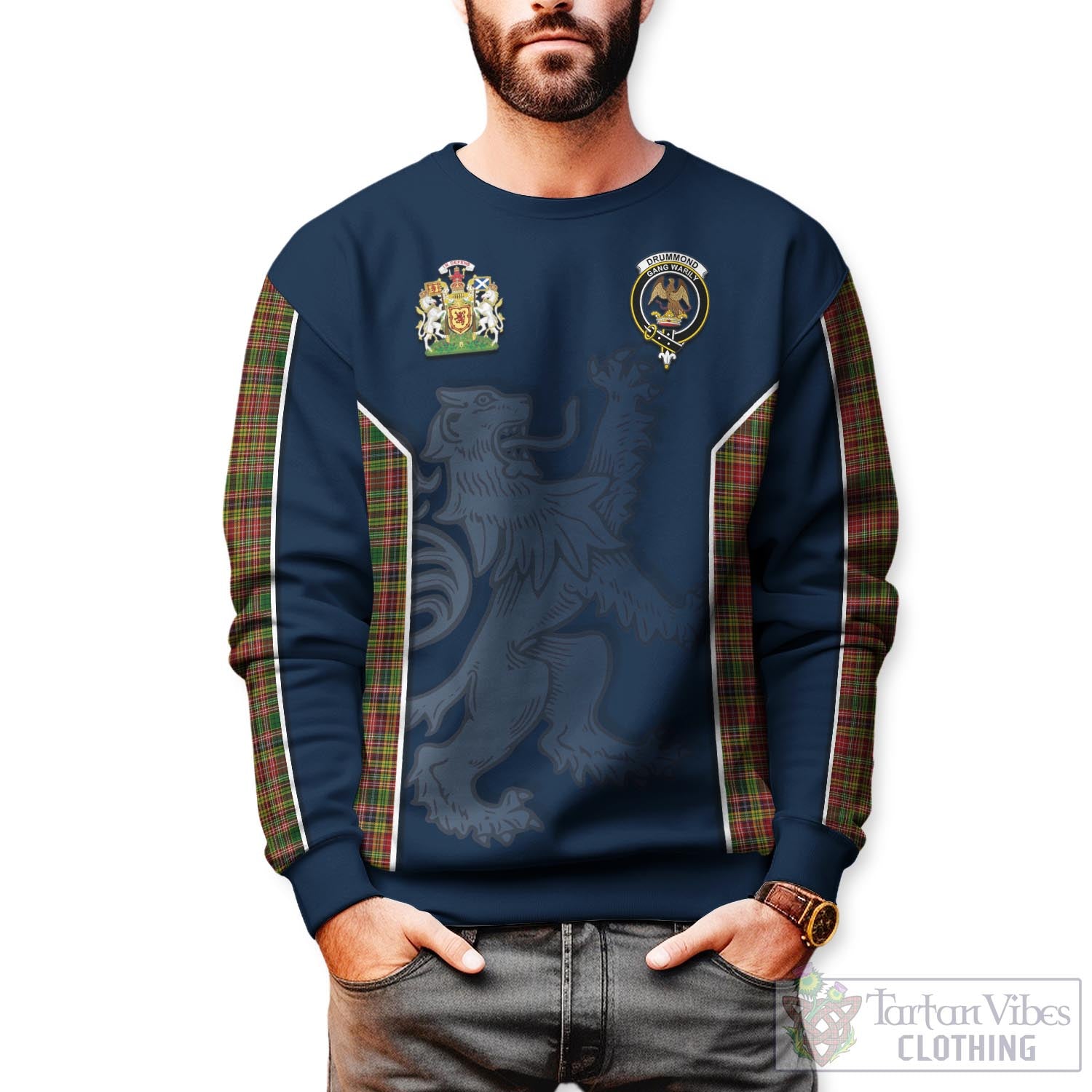 Tartan Vibes Clothing Drummond of Strathallan Tartan Sweater with Family Crest and Lion Rampant Vibes Sport Style