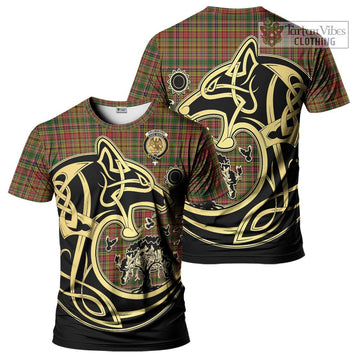 Drummond of Strathallan Tartan T-Shirt with Family Crest Celtic Wolf Style