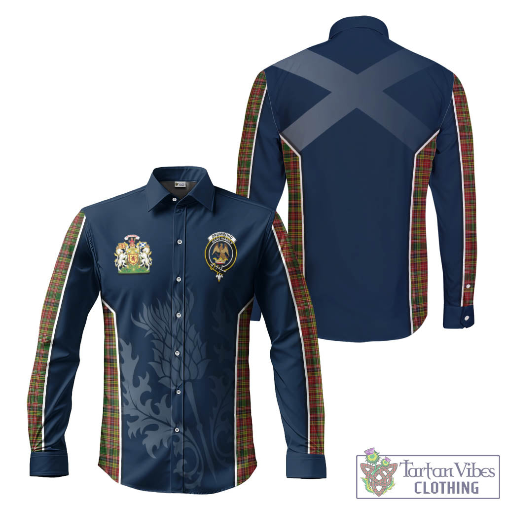 Tartan Vibes Clothing Drummond of Strathallan Tartan Long Sleeve Button Up Shirt with Family Crest and Scottish Thistle Vibes Sport Style