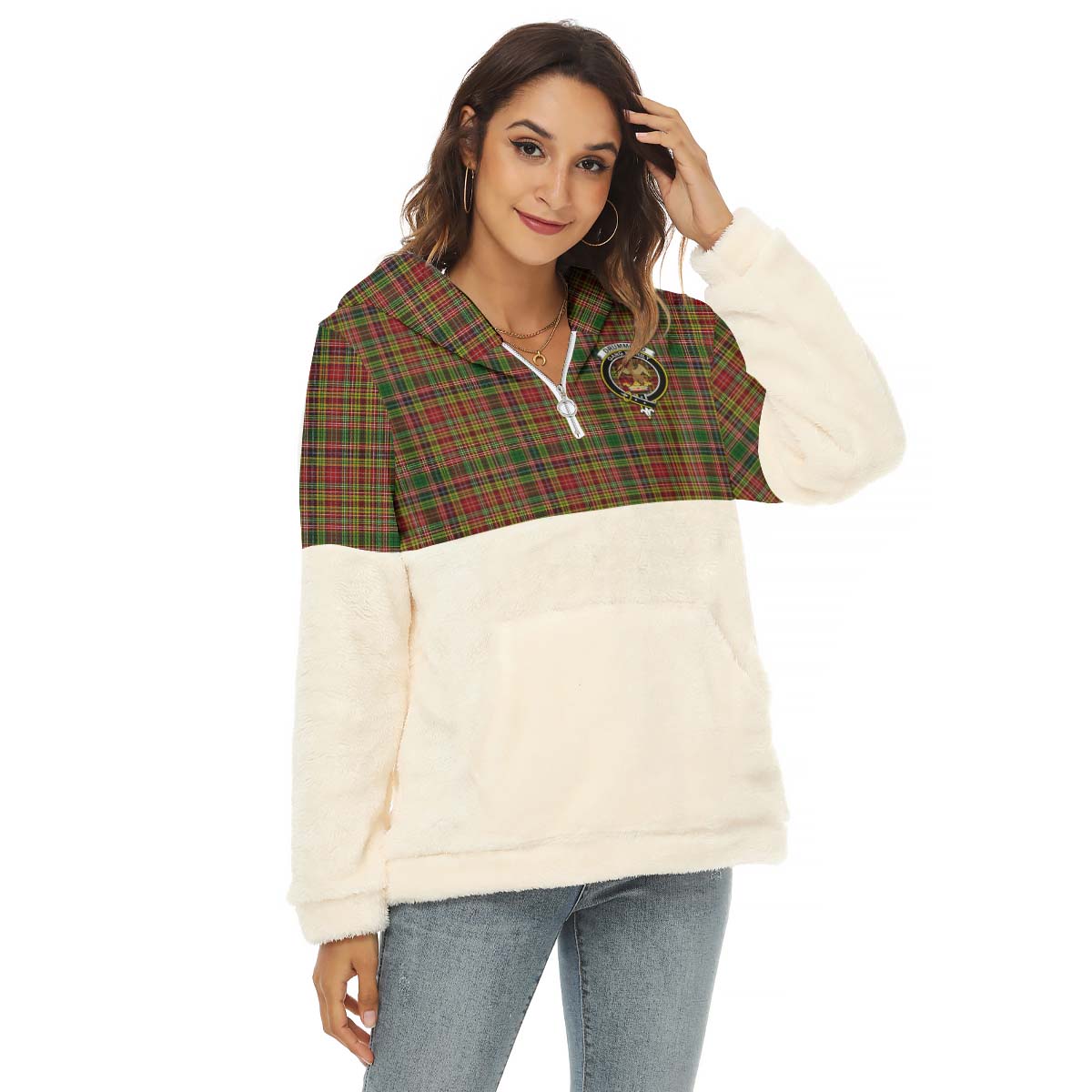 Drummond of Strathallan Tartan Women's Borg Fleece Hoodie With Half Zip with Family Crest Female - Tartan Vibes Clothing