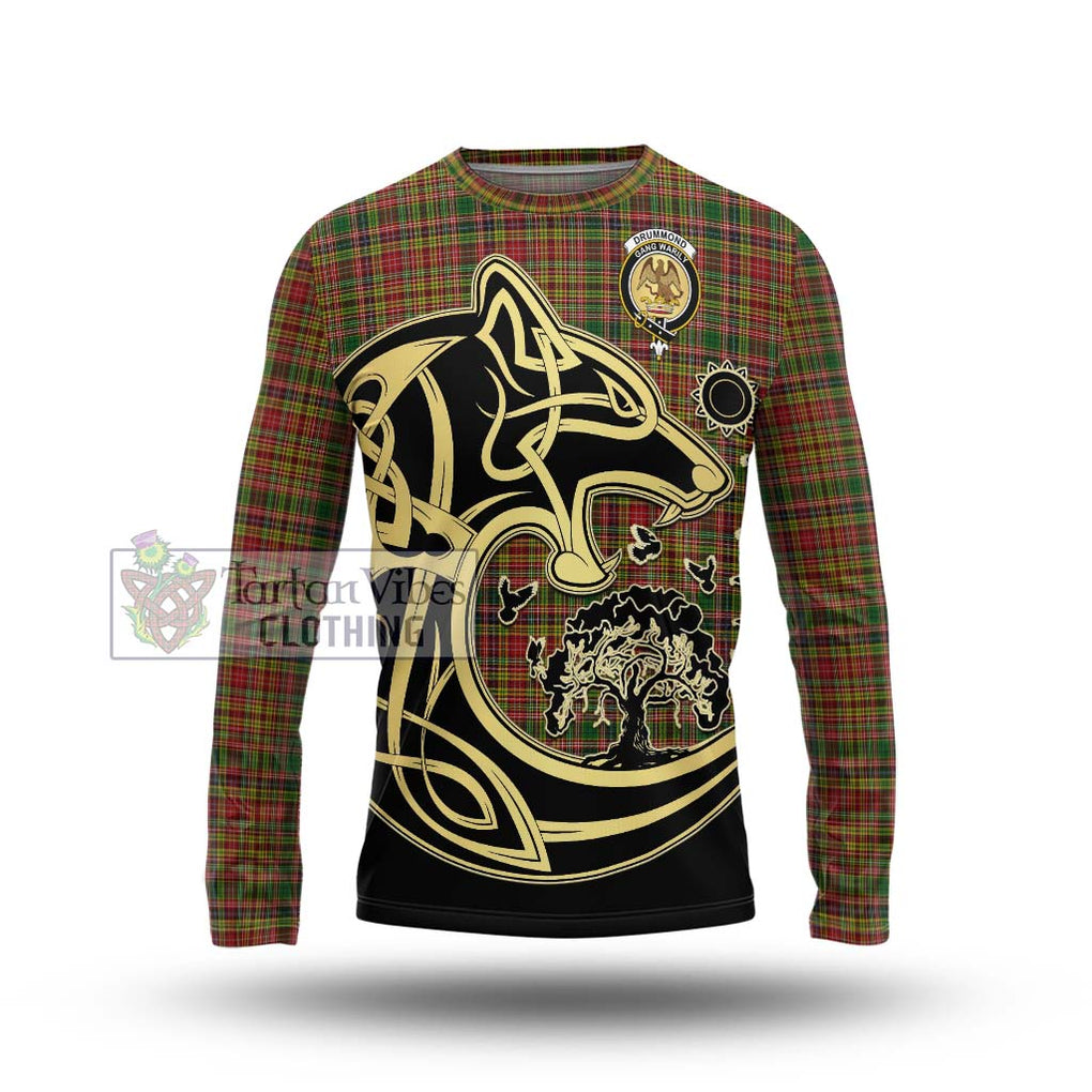 Drummond of Strathallan Tartan Long Sleeve T-Shirt with Family Crest Celtic Wolf Style Unisex - Tartan Vibes Clothing