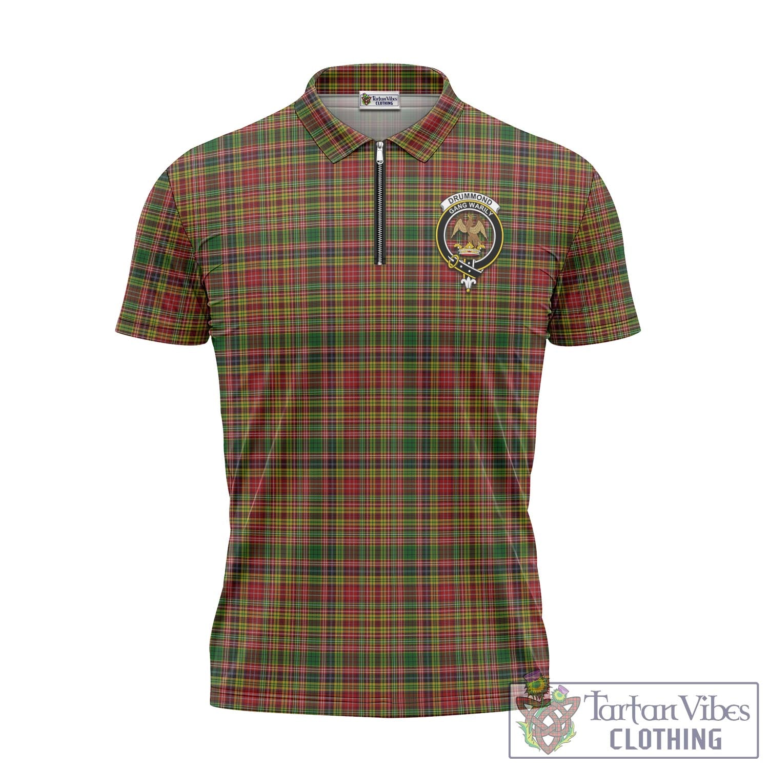 Tartan Vibes Clothing Drummond of Strathallan Tartan Zipper Polo Shirt with Family Crest