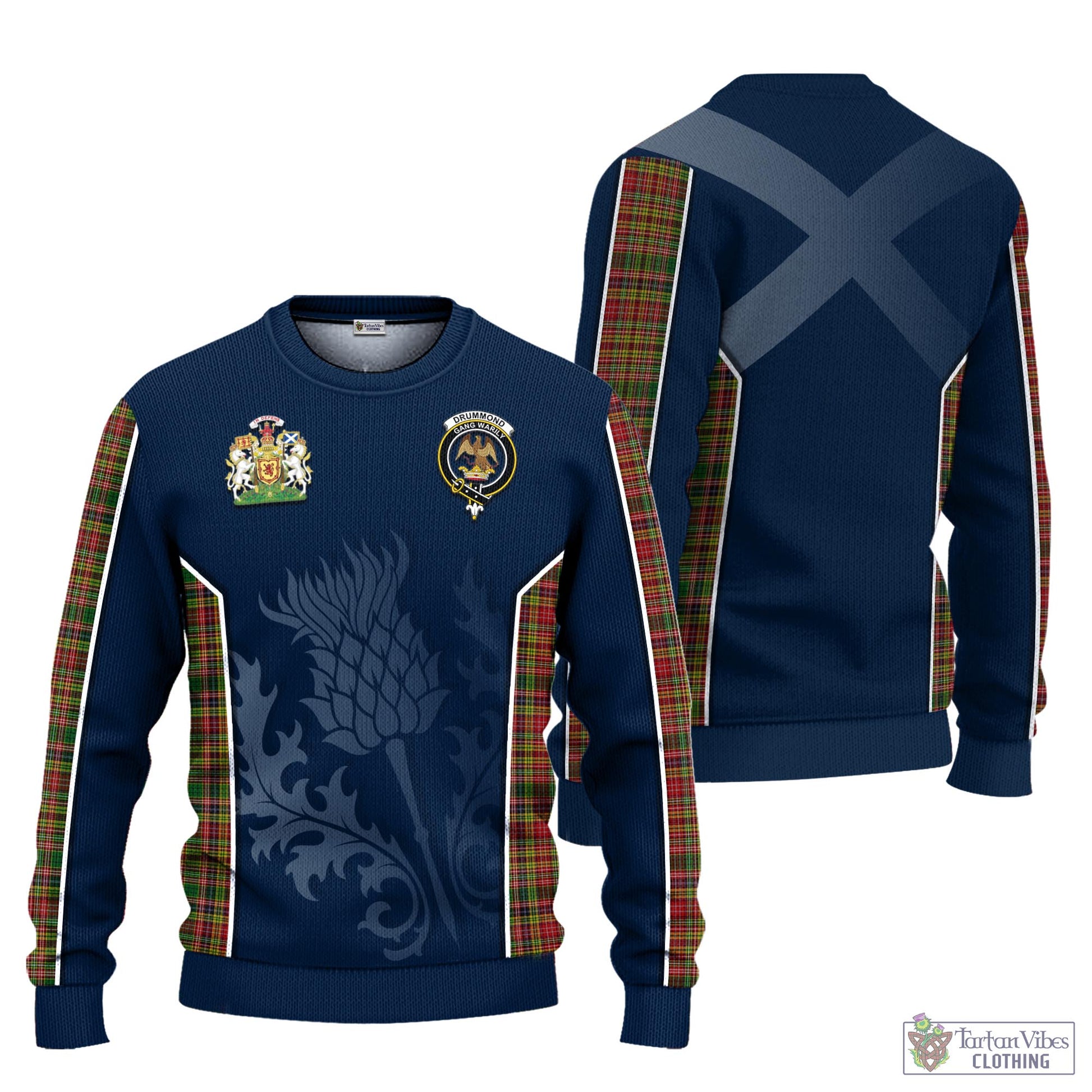 Tartan Vibes Clothing Drummond of Strathallan Tartan Knitted Sweatshirt with Family Crest and Scottish Thistle Vibes Sport Style