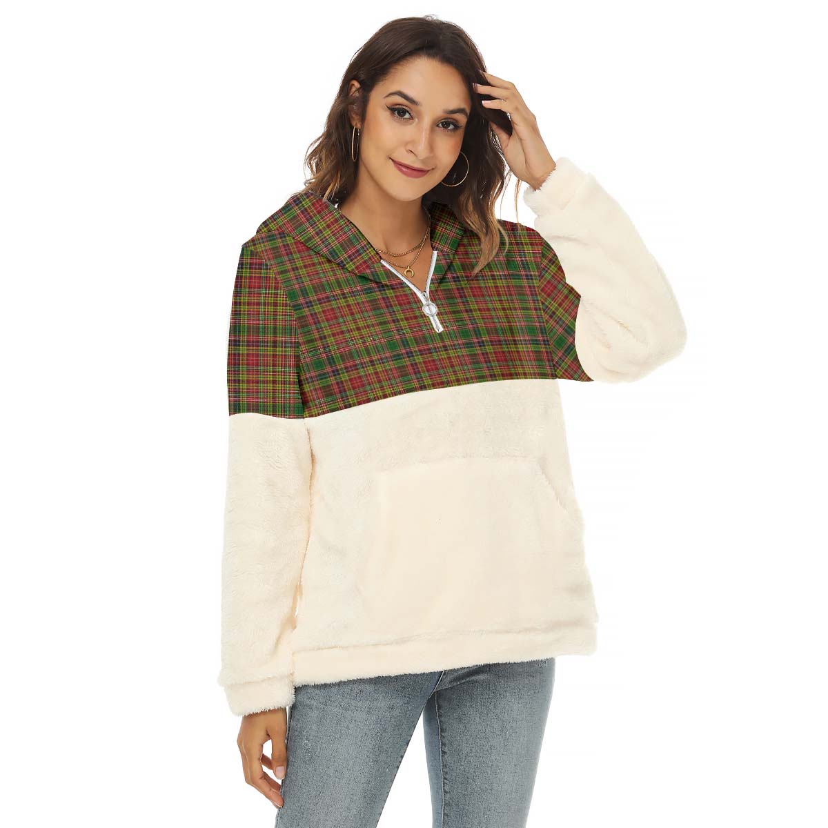 Drummond of Strathallan Tartan Women's Borg Fleece Hoodie With Half Zip Female - Tartan Vibes Clothing