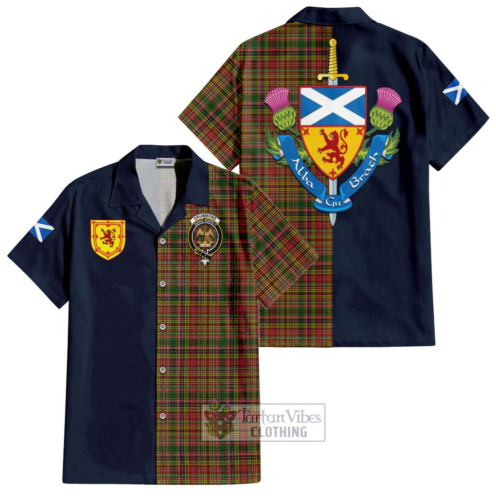 Tartan Vibes Clothing Drummond of Strathallan Tartan Short Sleeve Button Shirt with Scottish Lion Royal Arm Half Style