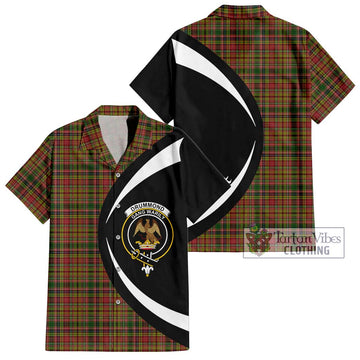 Drummond of Strathallan Tartan Short Sleeve Button Up with Family Crest Circle Style