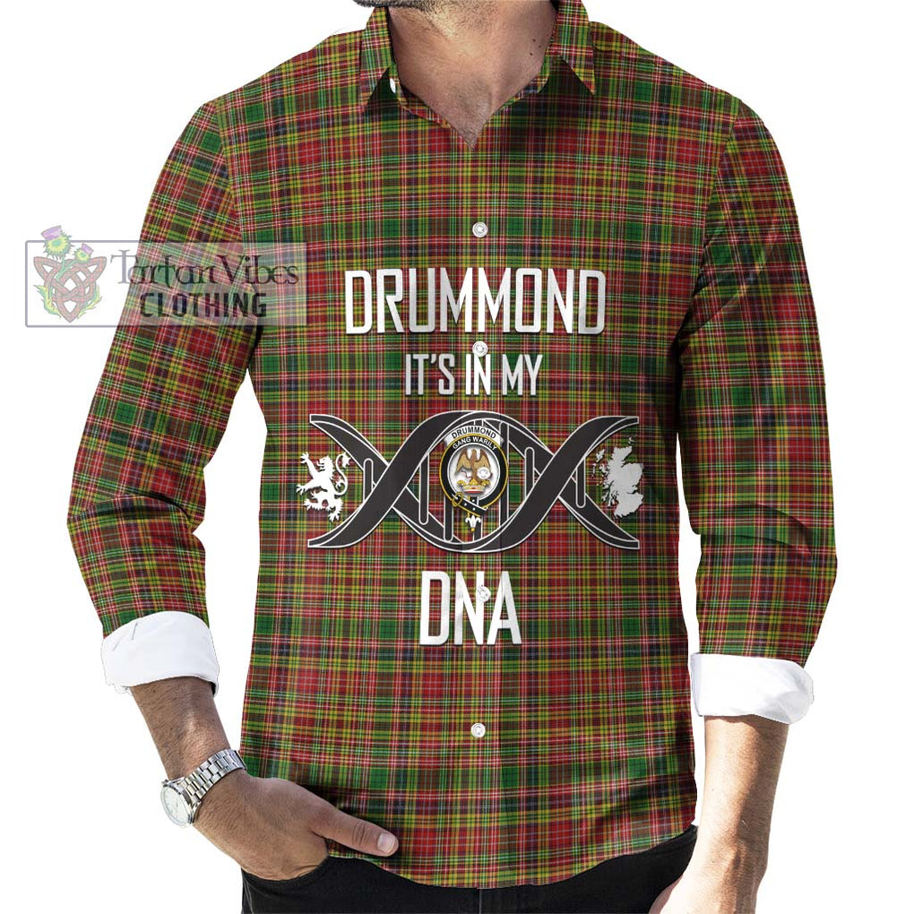 Drummond of Strathallan Tartan Long Sleeve Button Shirt with Family Crest DNA In Me Style Men's Shirt S - Tartanvibesclothing Shop