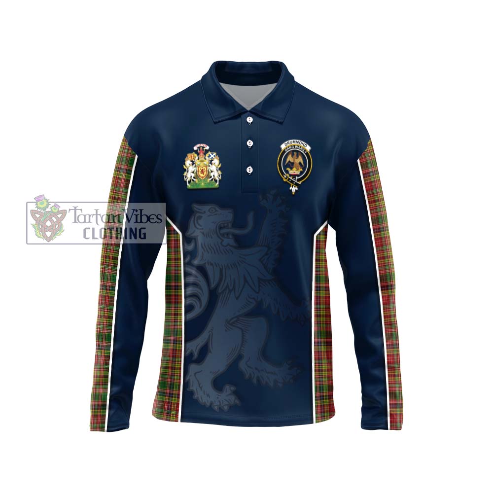 Drummond of Strathallan Tartan Long Sleeve Polo Shirt with Family Crest and Lion Rampant Vibes Sport Style Unisex - Tartan Vibes Clothing