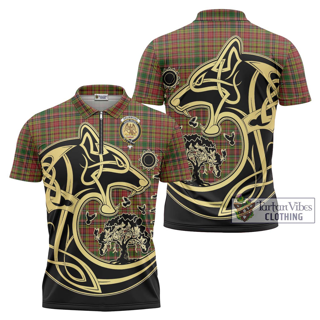 Drummond of Strathallan Tartan Zipper Polo Shirt with Family Crest Celtic Wolf Style Unisex - Tartanvibesclothing Shop