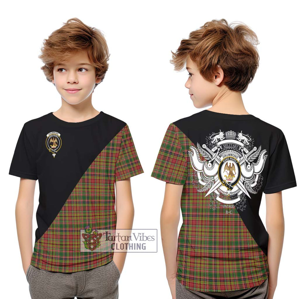 Drummond of Strathallan Tartan Kid T-Shirt with Family Crest and Military Logo Style Youth XL Size14 - Tartanvibesclothing Shop