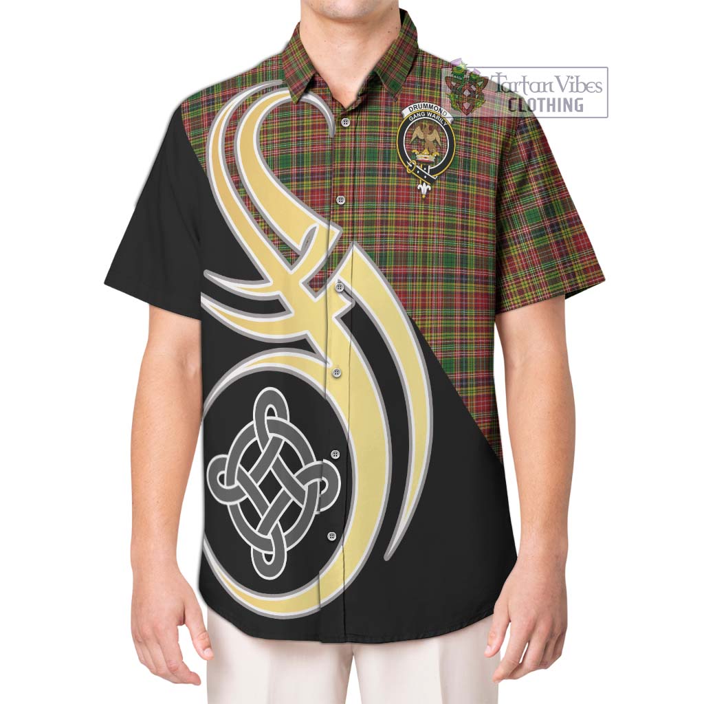 Drummond of Strathallan Tartan Short Sleeve Button Shirt with Family Crest and Celtic Symbol Style Kid - Tartan Vibes Clothing