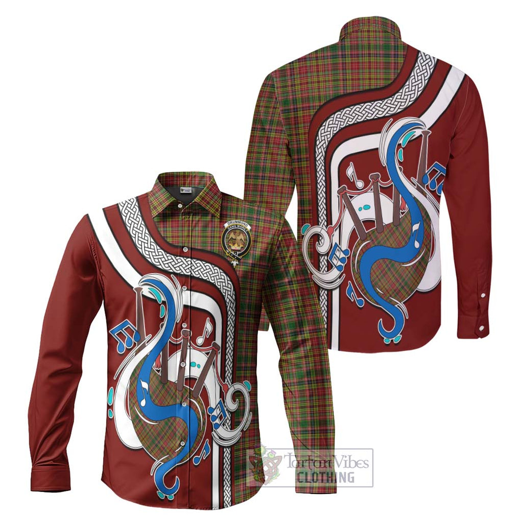 Drummond of Strathallan Tartan Long Sleeve Button Shirt with Epic Bagpipe Style Men's Shirt S - Tartanvibesclothing Shop