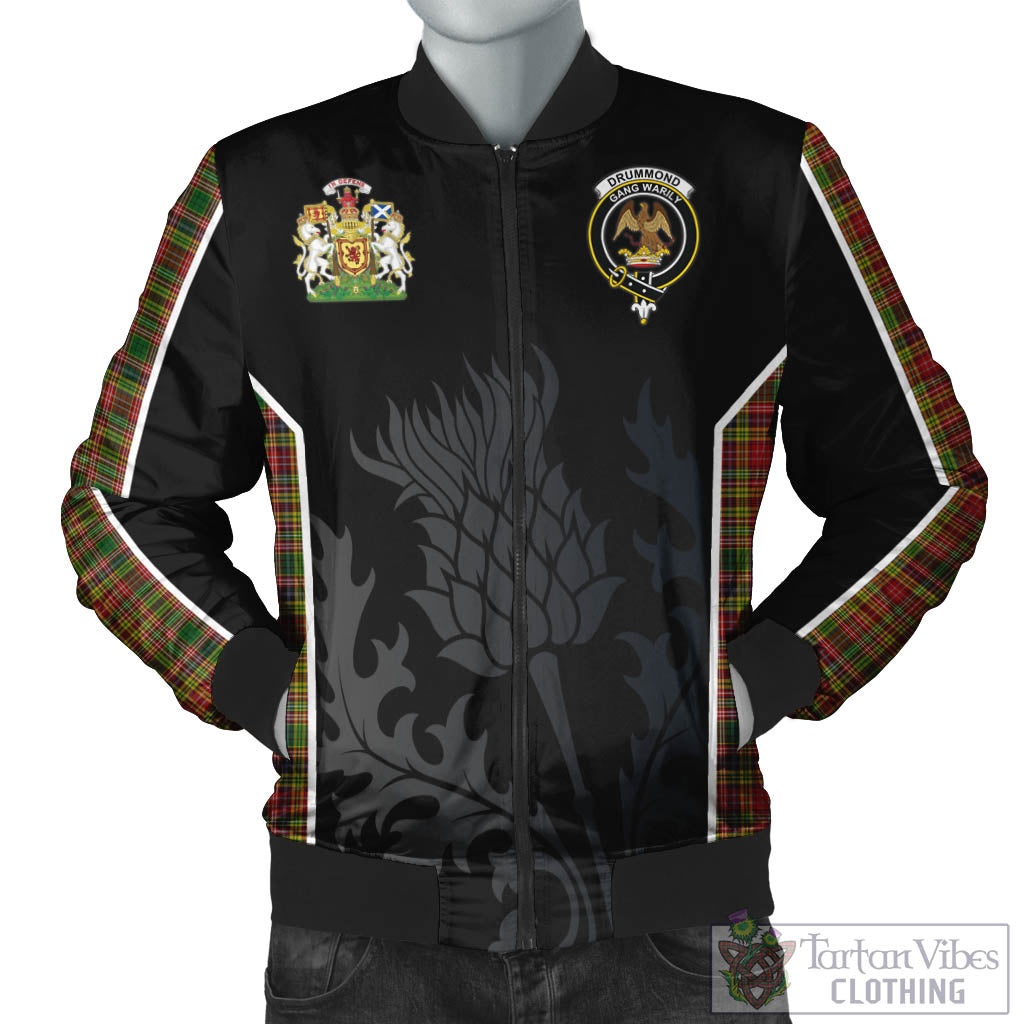 Tartan Vibes Clothing Drummond of Strathallan Tartan Bomber Jacket with Family Crest and Scottish Thistle Vibes Sport Style