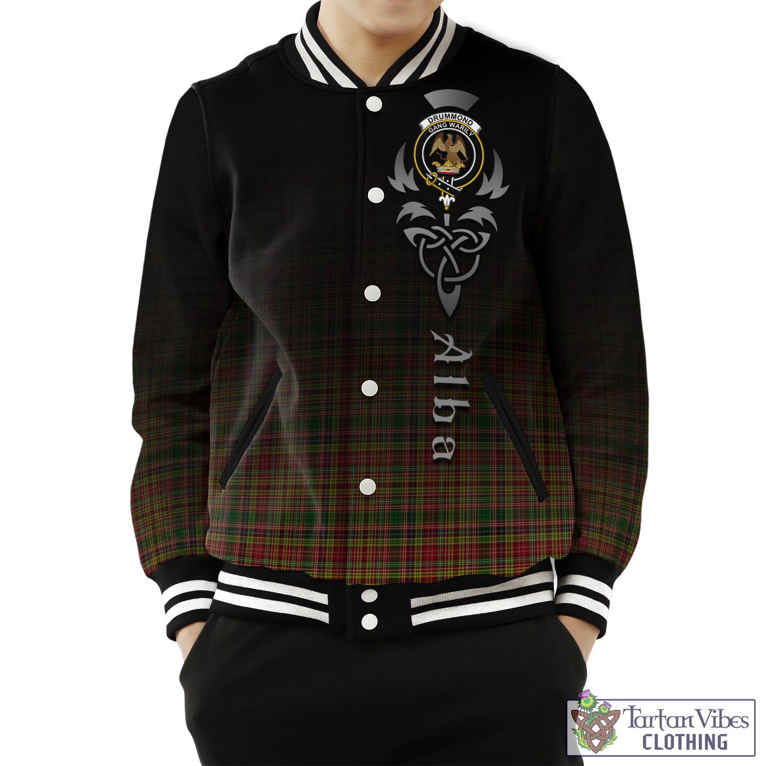 Tartan Vibes Clothing Drummond of Strathallan Tartan Baseball Jacket Featuring Alba Gu Brath Family Crest Celtic Inspired