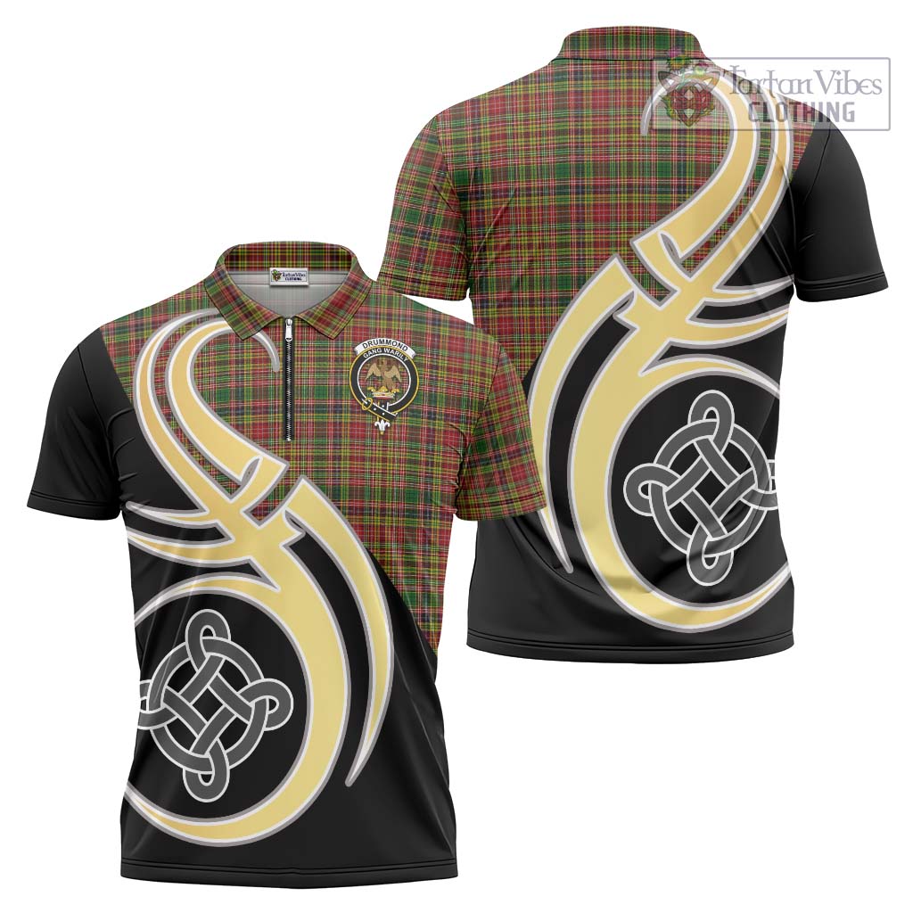 Tartan Vibes Clothing Drummond of Strathallan Tartan Zipper Polo Shirt with Family Crest and Celtic Symbol Style