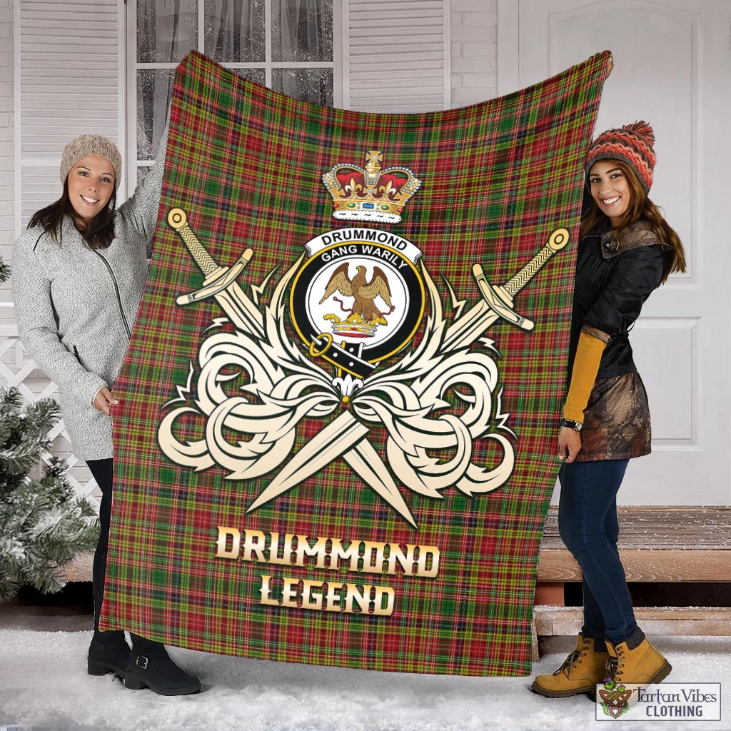 Tartan Vibes Clothing Drummond of Strathallan Tartan Blanket with Clan Crest and the Golden Sword of Courageous Legacy