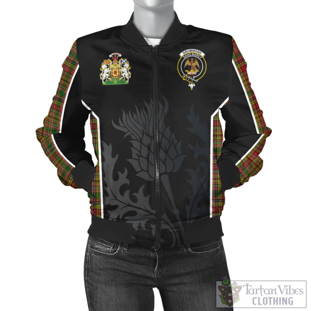 Tartan Vibes Clothing Drummond of Strathallan Tartan Bomber Jacket with Family Crest and Scottish Thistle Vibes Sport Style