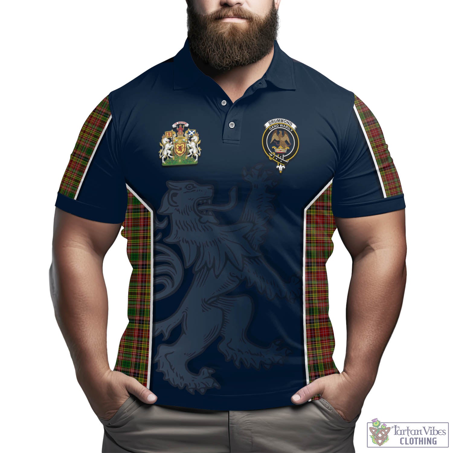 Tartan Vibes Clothing Drummond of Strathallan Tartan Men's Polo Shirt with Family Crest and Lion Rampant Vibes Sport Style