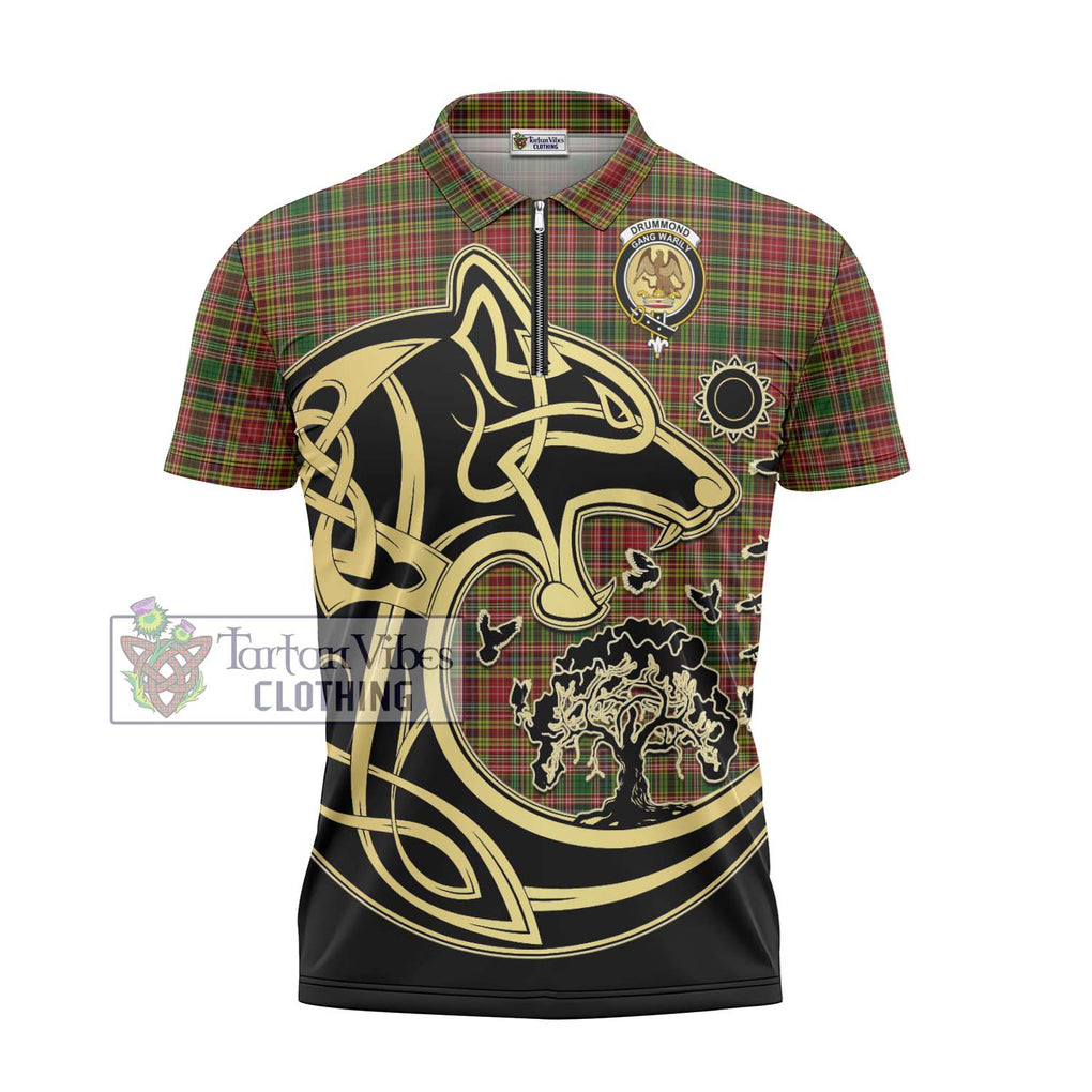 Drummond of Strathallan Tartan Zipper Polo Shirt with Family Crest Celtic Wolf Style - Tartanvibesclothing Shop