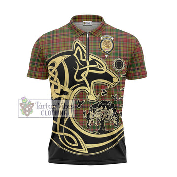 Drummond of Strathallan Tartan Zipper Polo Shirt with Family Crest Celtic Wolf Style