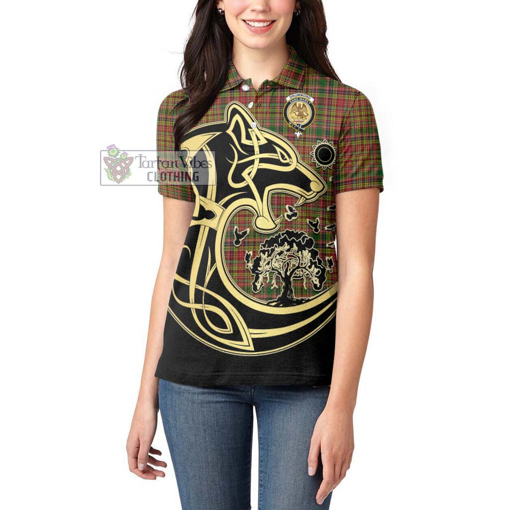 Drummond of Strathallan Tartan Women's Polo Shirt with Family Crest Celtic Wolf Style - Tartanvibesclothing Shop