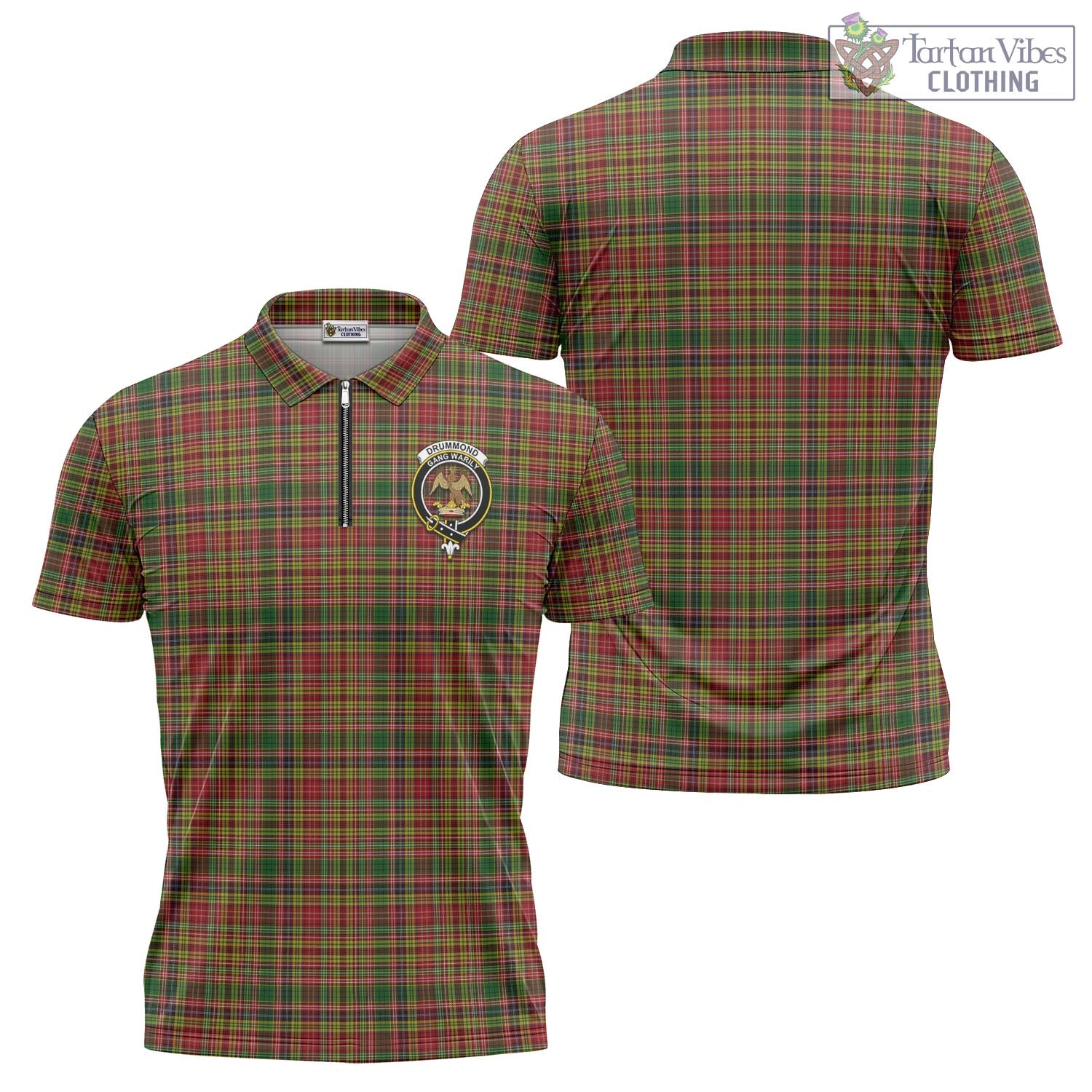 Tartan Vibes Clothing Drummond of Strathallan Tartan Zipper Polo Shirt with Family Crest