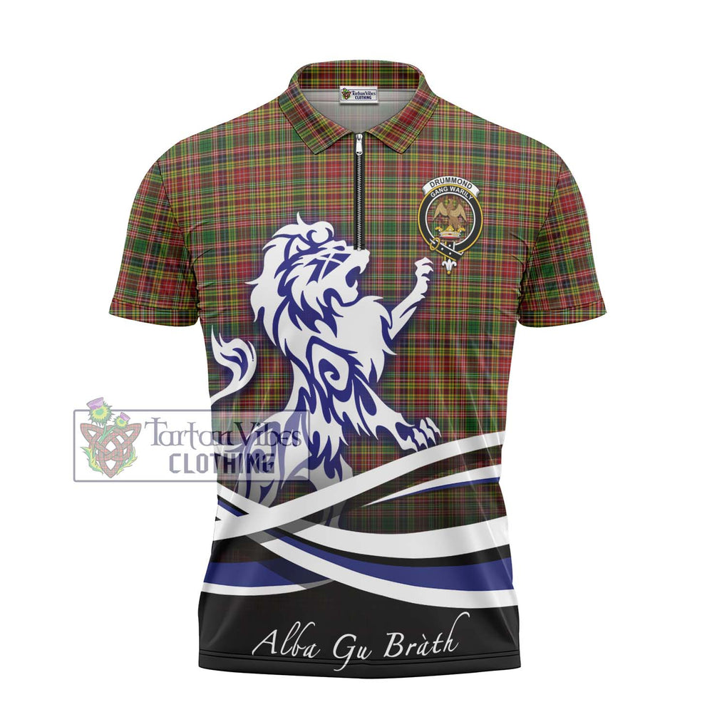 Drummond of Strathallan Tartan Zipper Polo Shirt with Alba Gu Brath Regal Lion Emblem - Tartanvibesclothing Shop