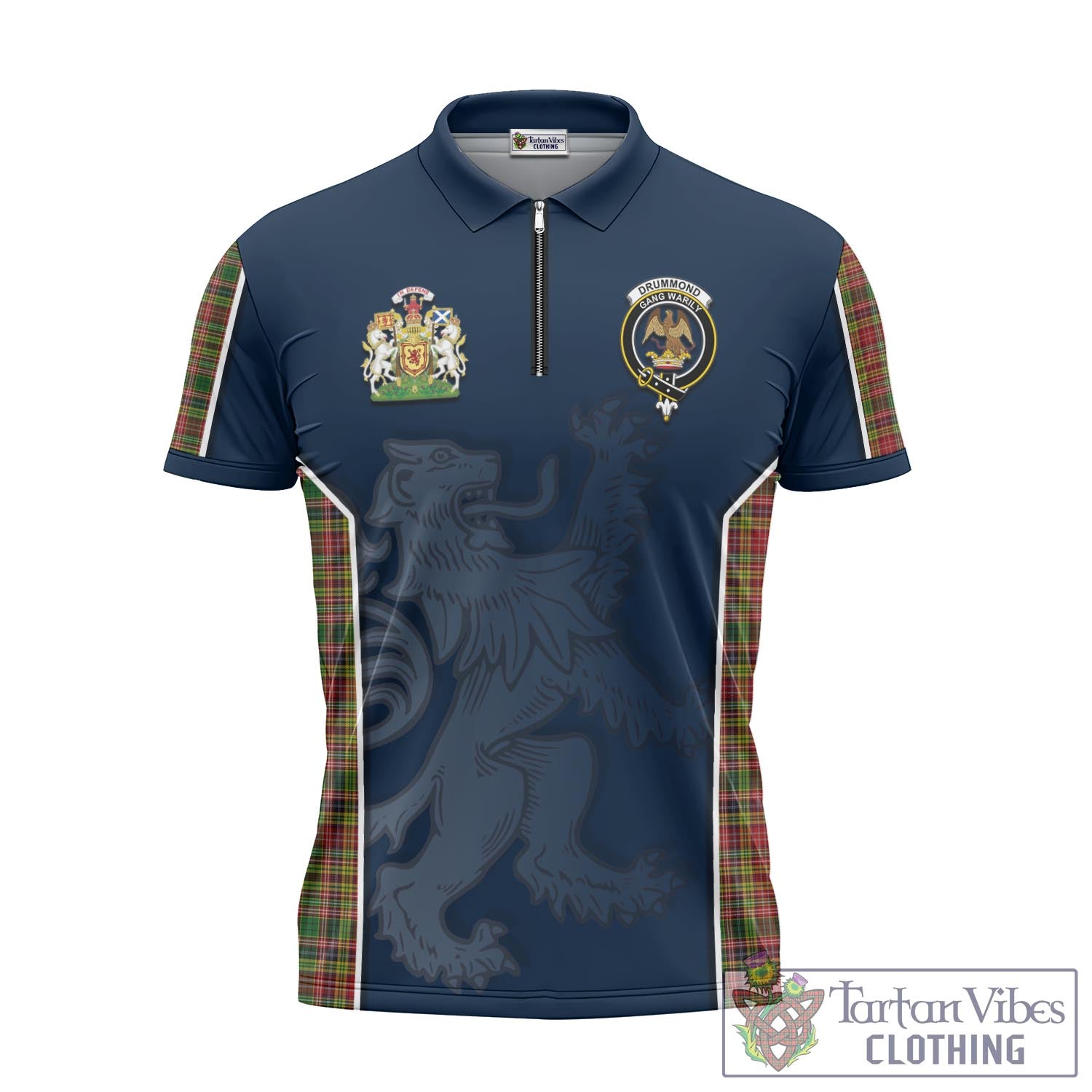 Tartan Vibes Clothing Drummond of Strathallan Tartan Zipper Polo Shirt with Family Crest and Lion Rampant Vibes Sport Style