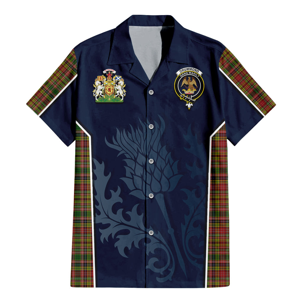 Tartan Vibes Clothing Drummond of Strathallan Tartan Short Sleeve Button Up Shirt with Family Crest and Scottish Thistle Vibes Sport Style