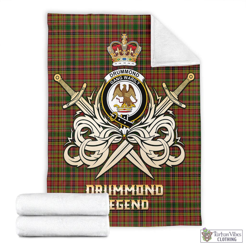 Tartan Vibes Clothing Drummond of Strathallan Tartan Blanket with Clan Crest and the Golden Sword of Courageous Legacy