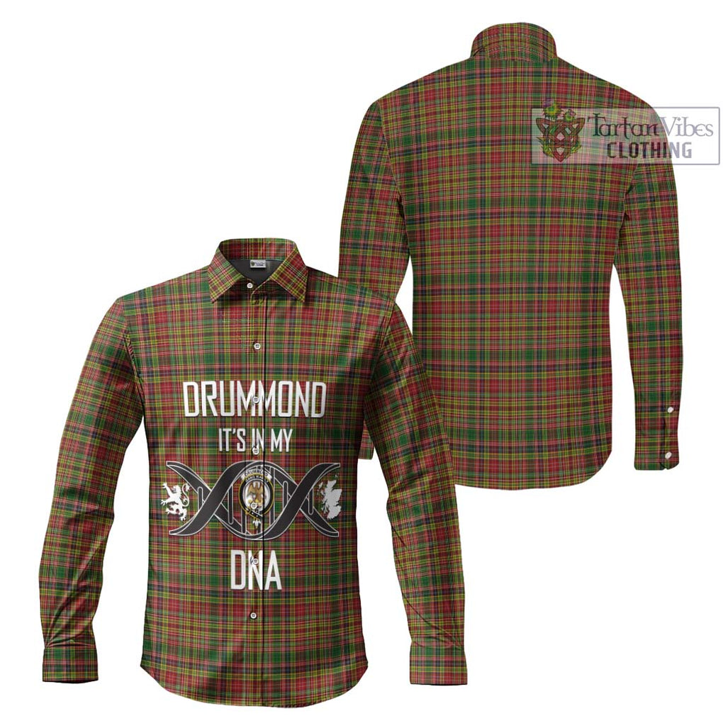 Drummond of Strathallan Tartan Long Sleeve Button Shirt with Family Crest DNA In Me Style Men's Shirt - Tartanvibesclothing Shop