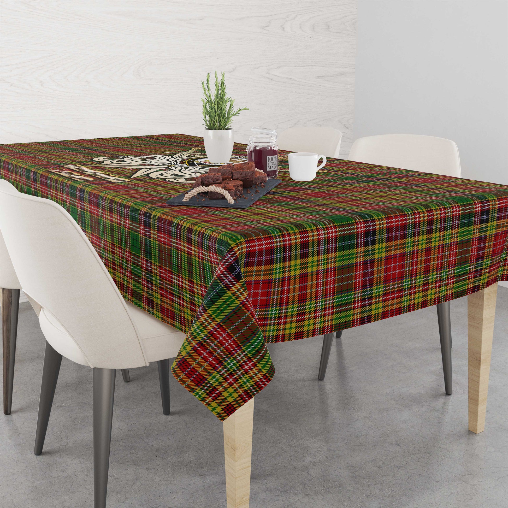 Tartan Vibes Clothing Drummond of Strathallan Tartan Tablecloth with Clan Crest and the Golden Sword of Courageous Legacy