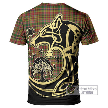 Drummond of Strathallan Tartan T-Shirt with Family Crest Celtic Wolf Style