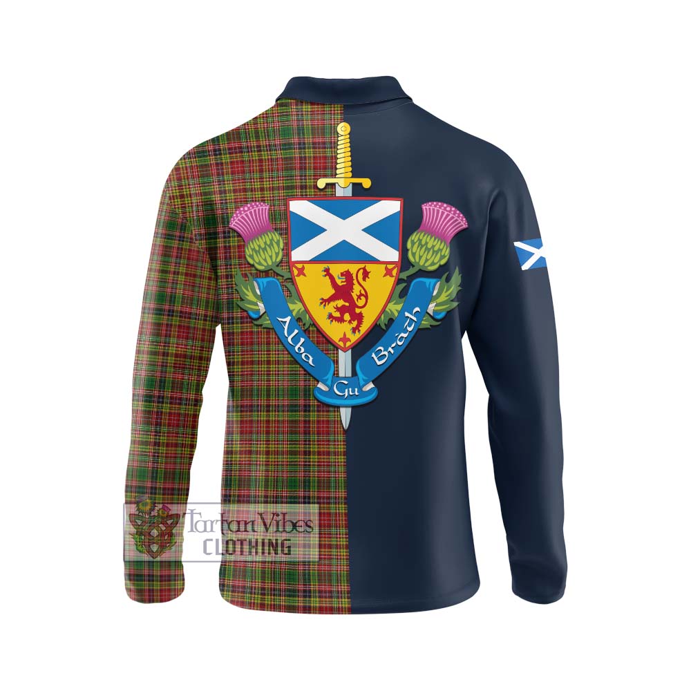 Tartan Vibes Clothing Drummond of Strathallan Tartan Long Sleeve Polo Shirt with Scottish Lion Royal Arm Half Style