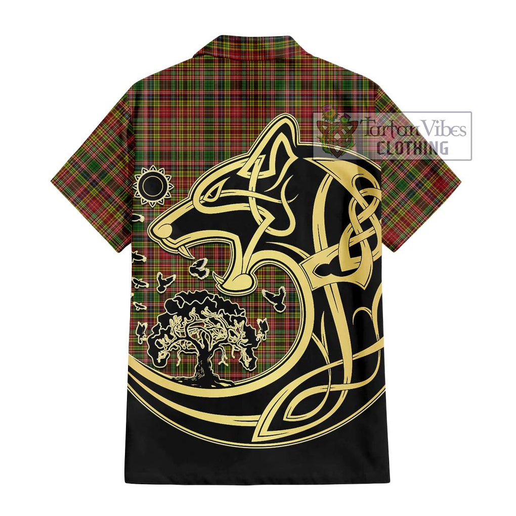 Drummond of Strathallan Tartan Short Sleeve Button Shirt with Family Crest Celtic Wolf Style - Tartan Vibes Clothing