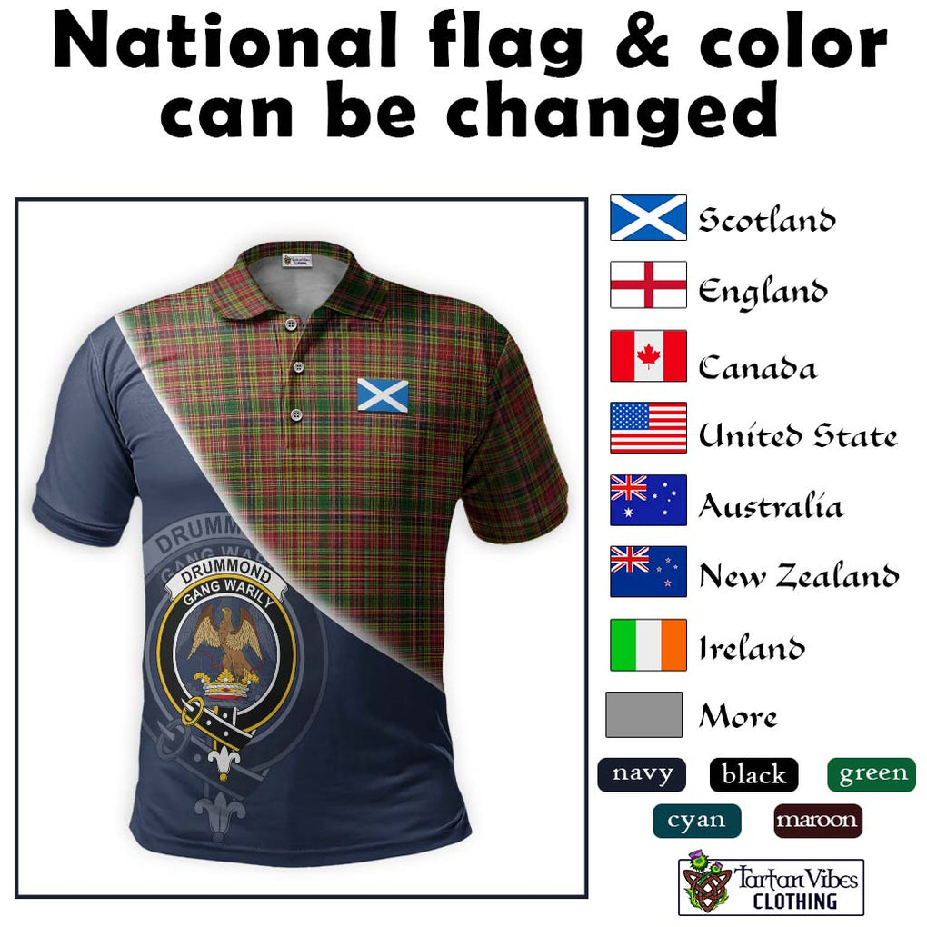 Drummond of Strathallan Tartan Polo Shirt with Personalised National Flag and Family Crest Half Style - Tartanvibesclothing Shop