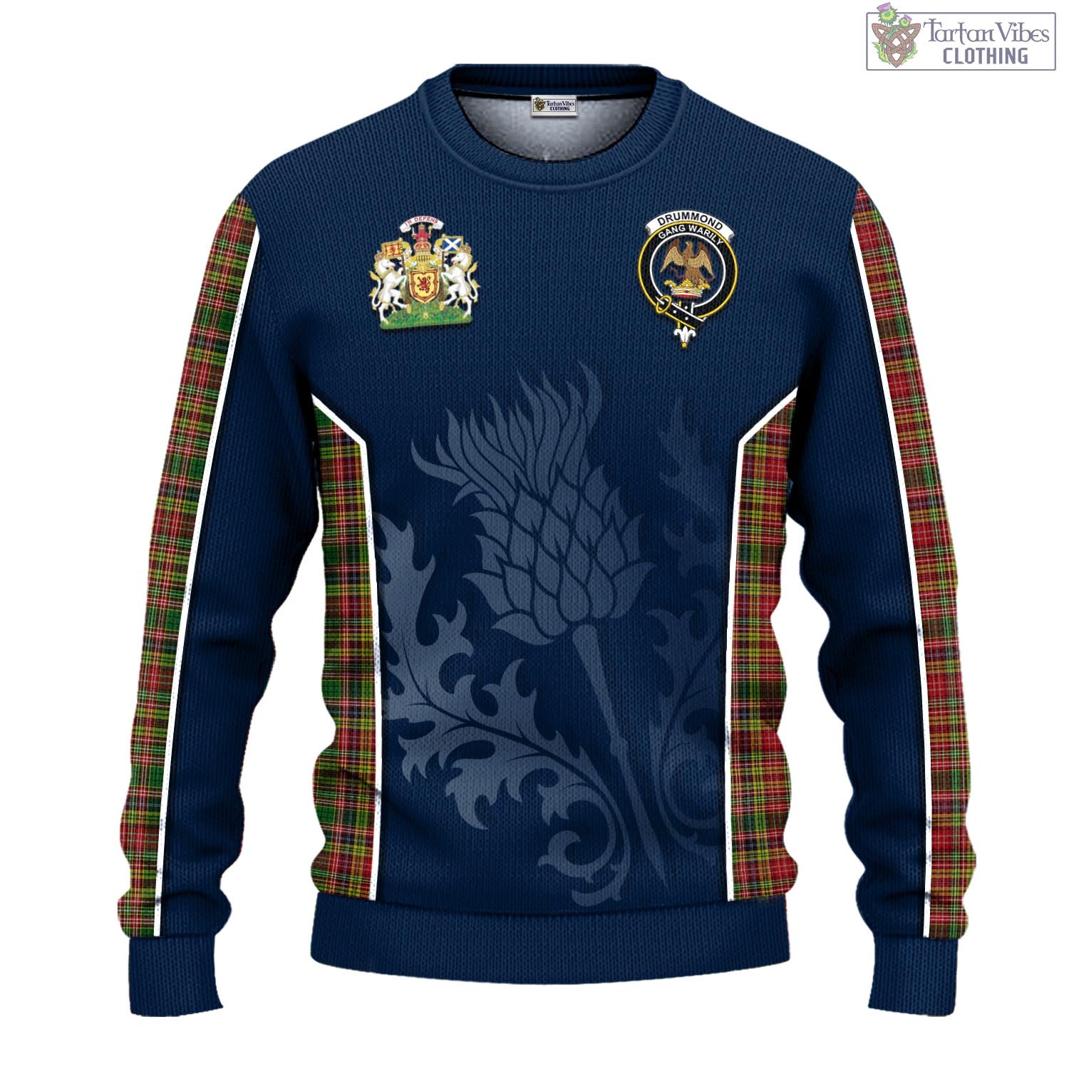 Tartan Vibes Clothing Drummond of Strathallan Tartan Knitted Sweatshirt with Family Crest and Scottish Thistle Vibes Sport Style