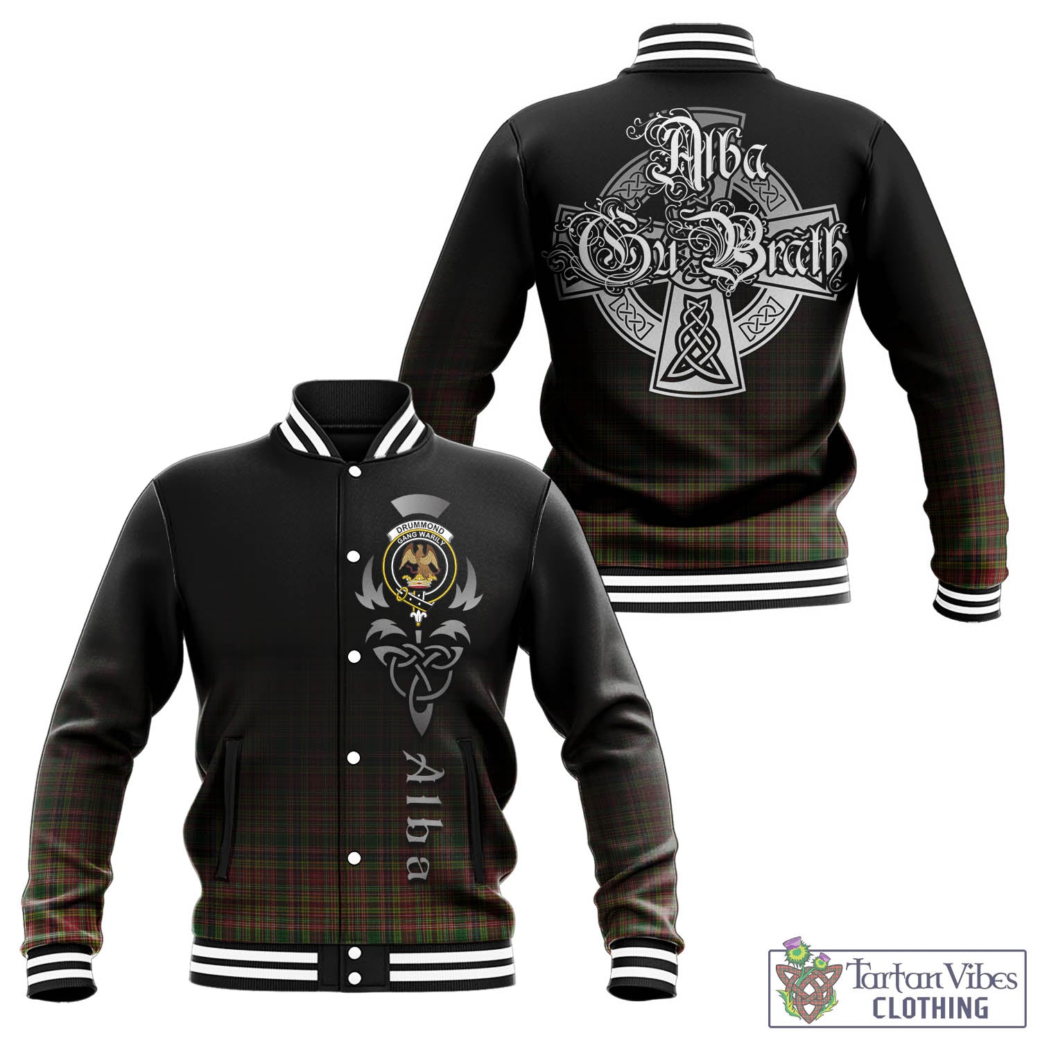 Tartan Vibes Clothing Drummond of Strathallan Tartan Baseball Jacket Featuring Alba Gu Brath Family Crest Celtic Inspired