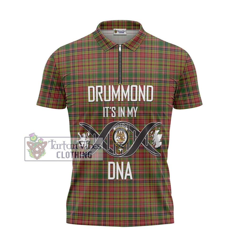 Drummond of Strathallan Tartan Zipper Polo Shirt with Family Crest DNA In Me Style - Tartanvibesclothing Shop