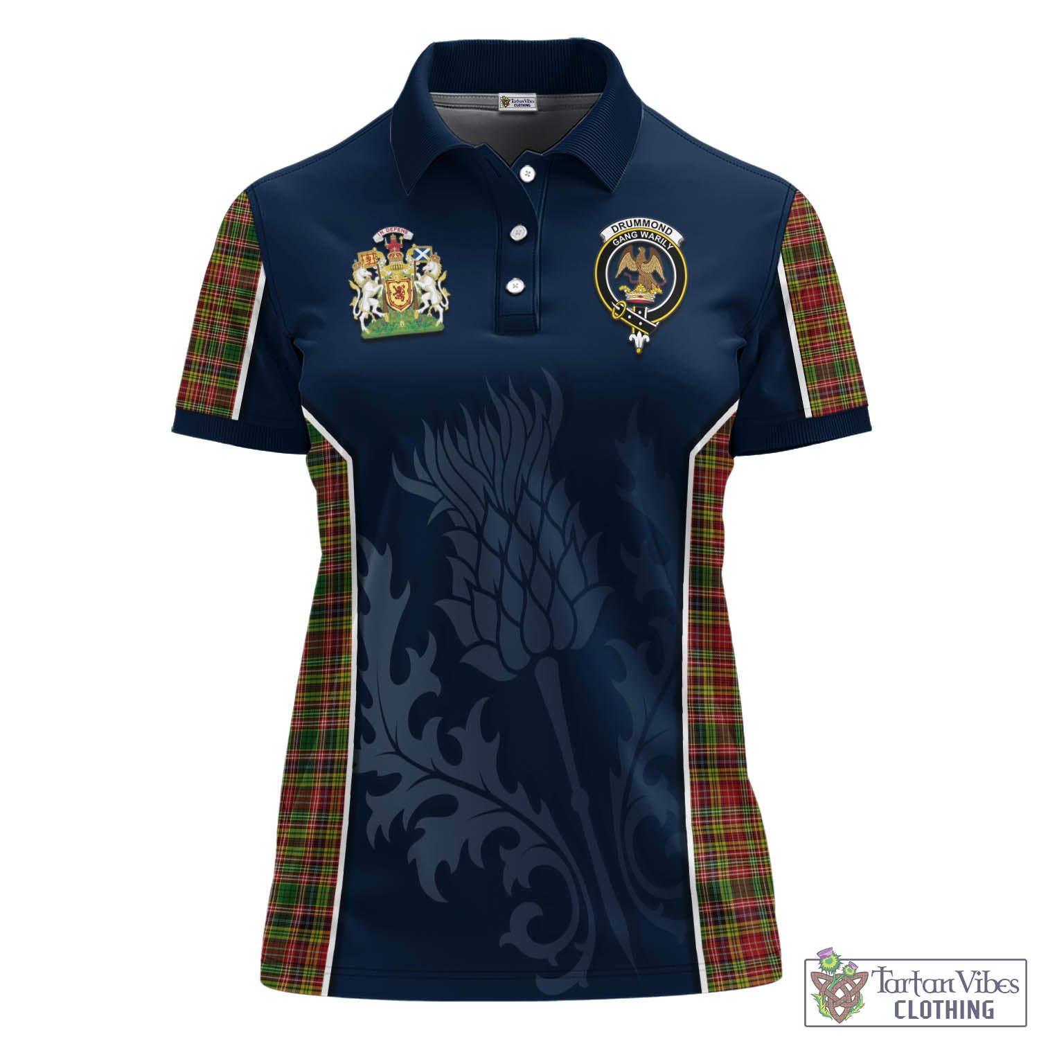 Tartan Vibes Clothing Drummond of Strathallan Tartan Women's Polo Shirt with Family Crest and Scottish Thistle Vibes Sport Style