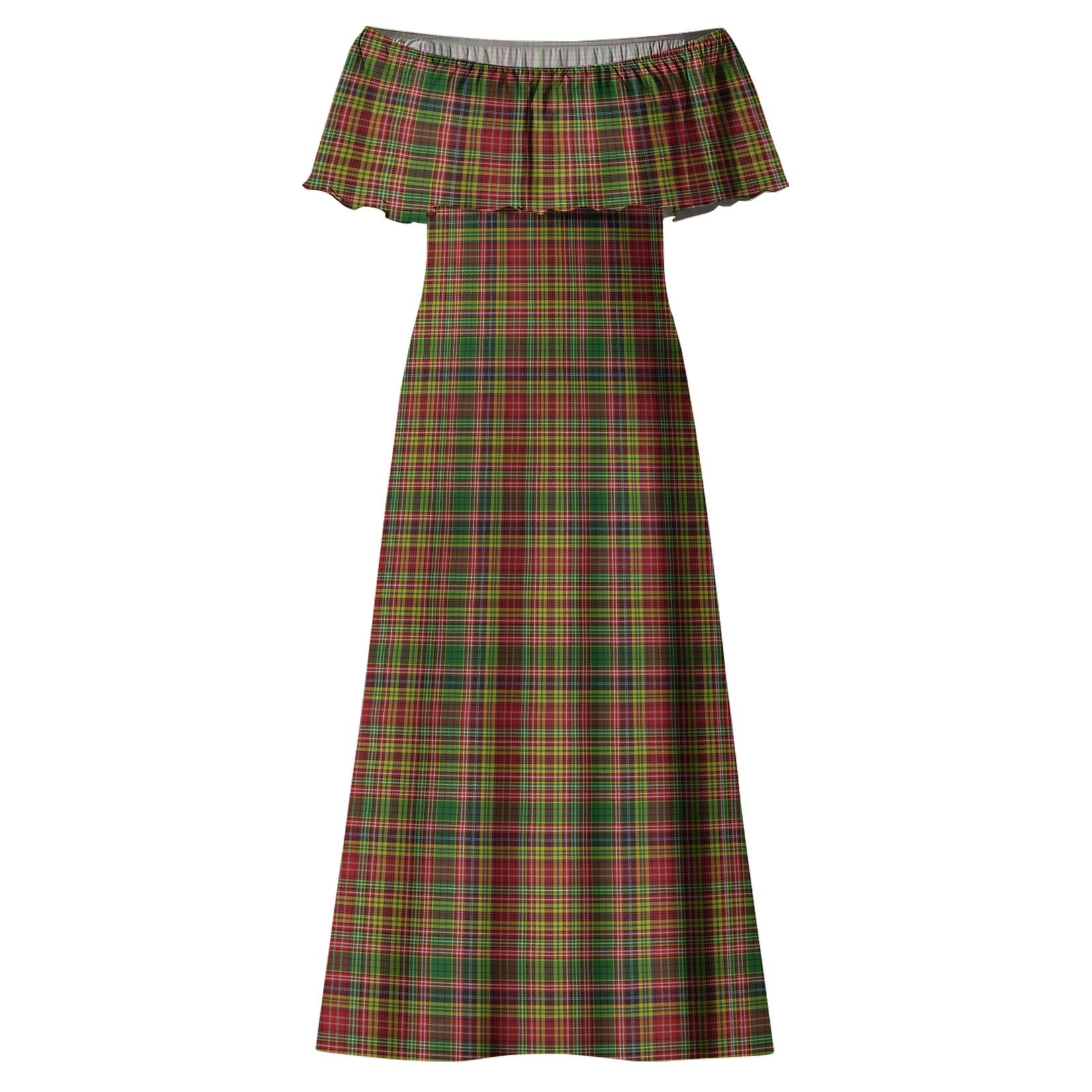 Drummond of Strathallan Tartan Off Shoulder Long Dress - Tartanvibesclothing