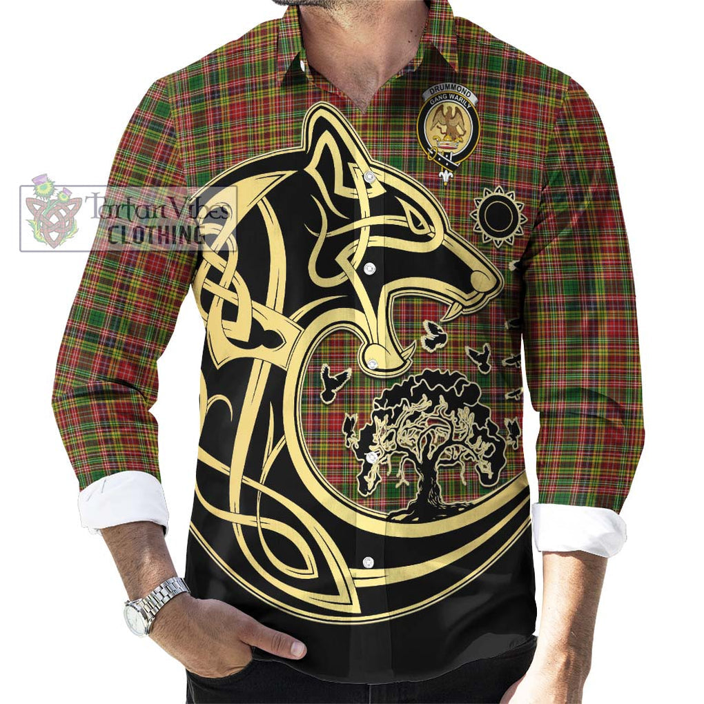 Drummond of Strathallan Tartan Long Sleeve Button Shirt with Family Crest Celtic Wolf Style - Tartan Vibes Clothing