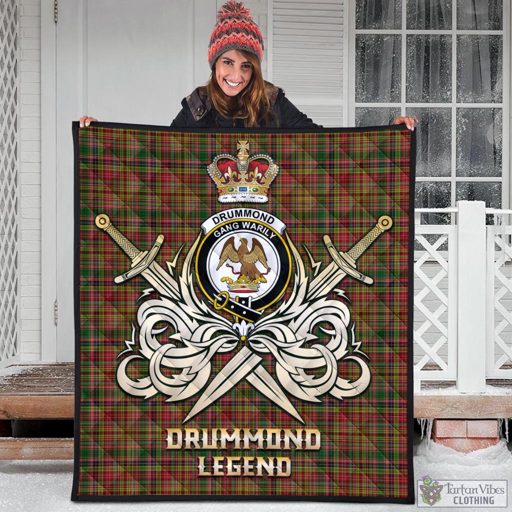 Tartan Vibes Clothing Drummond of Strathallan Tartan Quilt with Clan Crest and the Golden Sword of Courageous Legacy