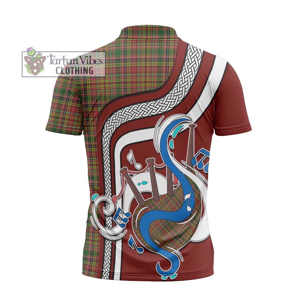 Drummond of Strathallan Tartan Zipper Polo Shirt with Epic Bagpipe Style - Tartanvibesclothing Shop