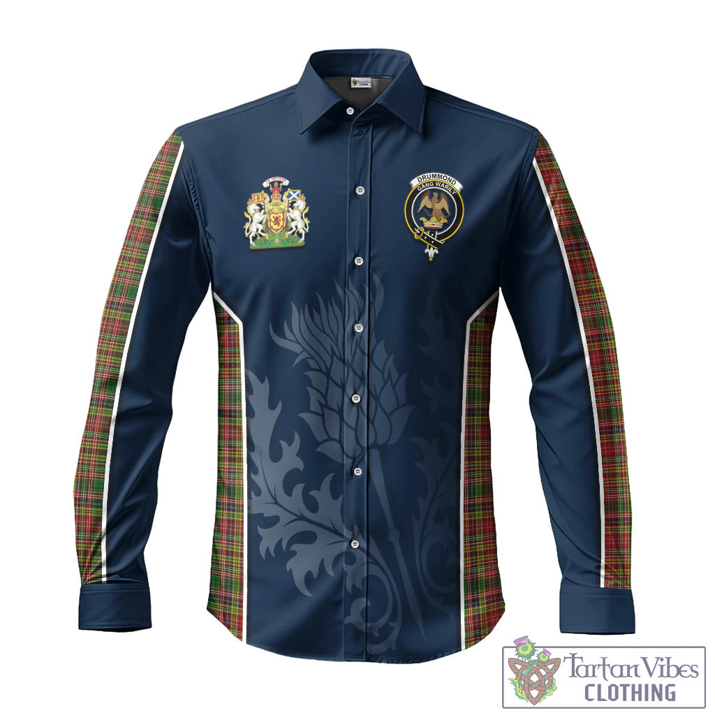 Tartan Vibes Clothing Drummond of Strathallan Tartan Long Sleeve Button Up Shirt with Family Crest and Scottish Thistle Vibes Sport Style