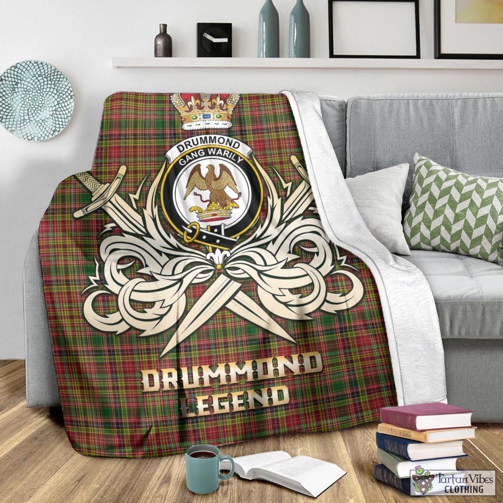 Tartan Vibes Clothing Drummond of Strathallan Tartan Blanket with Clan Crest and the Golden Sword of Courageous Legacy