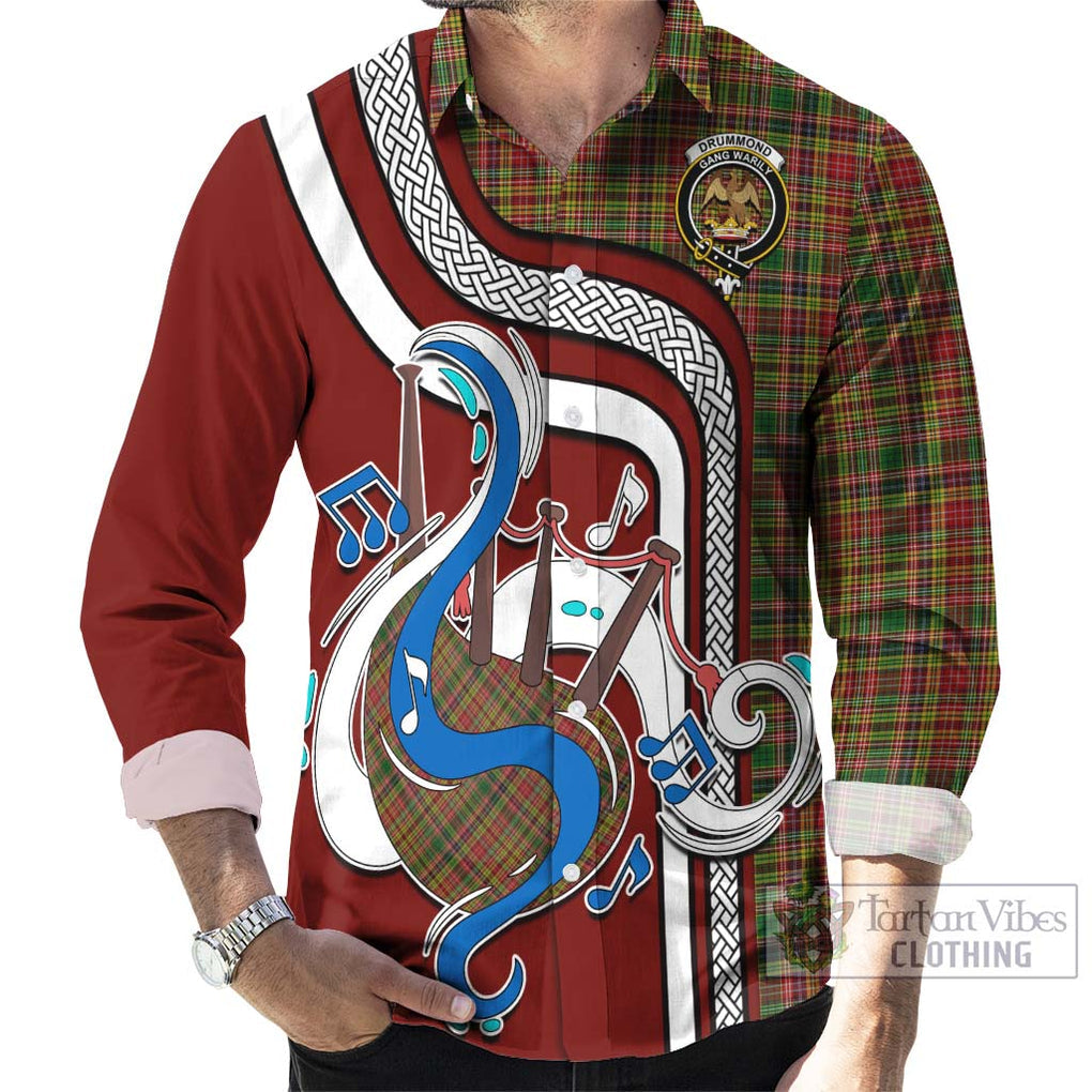 Drummond of Strathallan Tartan Long Sleeve Button Shirt with Epic Bagpipe Style - Tartanvibesclothing Shop